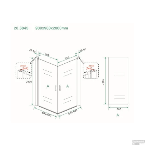 Douchecabine Wiesbaden Dubbele Swingdeur 90x90cm 8mm NANO Coating -Badkamerbenodigdheden Winkel