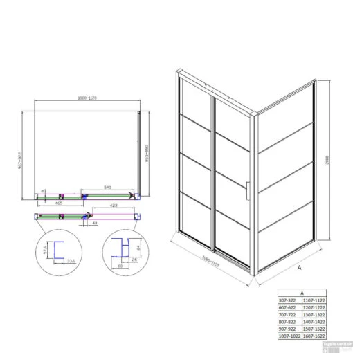 Douchecabine Boss & Wessing Frame Met Schuifdeur En Vaste Wand Links Helder Glas 110x200 Cm Mat Zwart -Badkamerbenodigdheden Winkel tech 110l